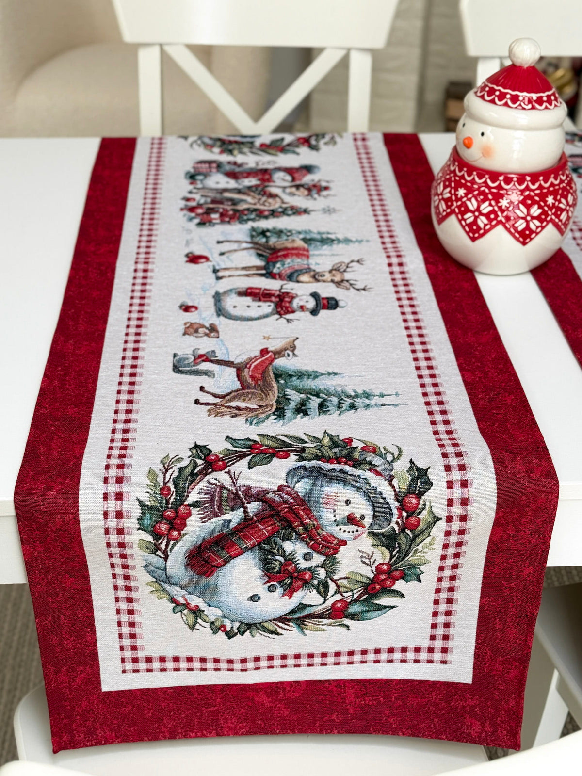 Winter Holiday Table Runner «Snowman Tales» with silver thread - High quality tapestry