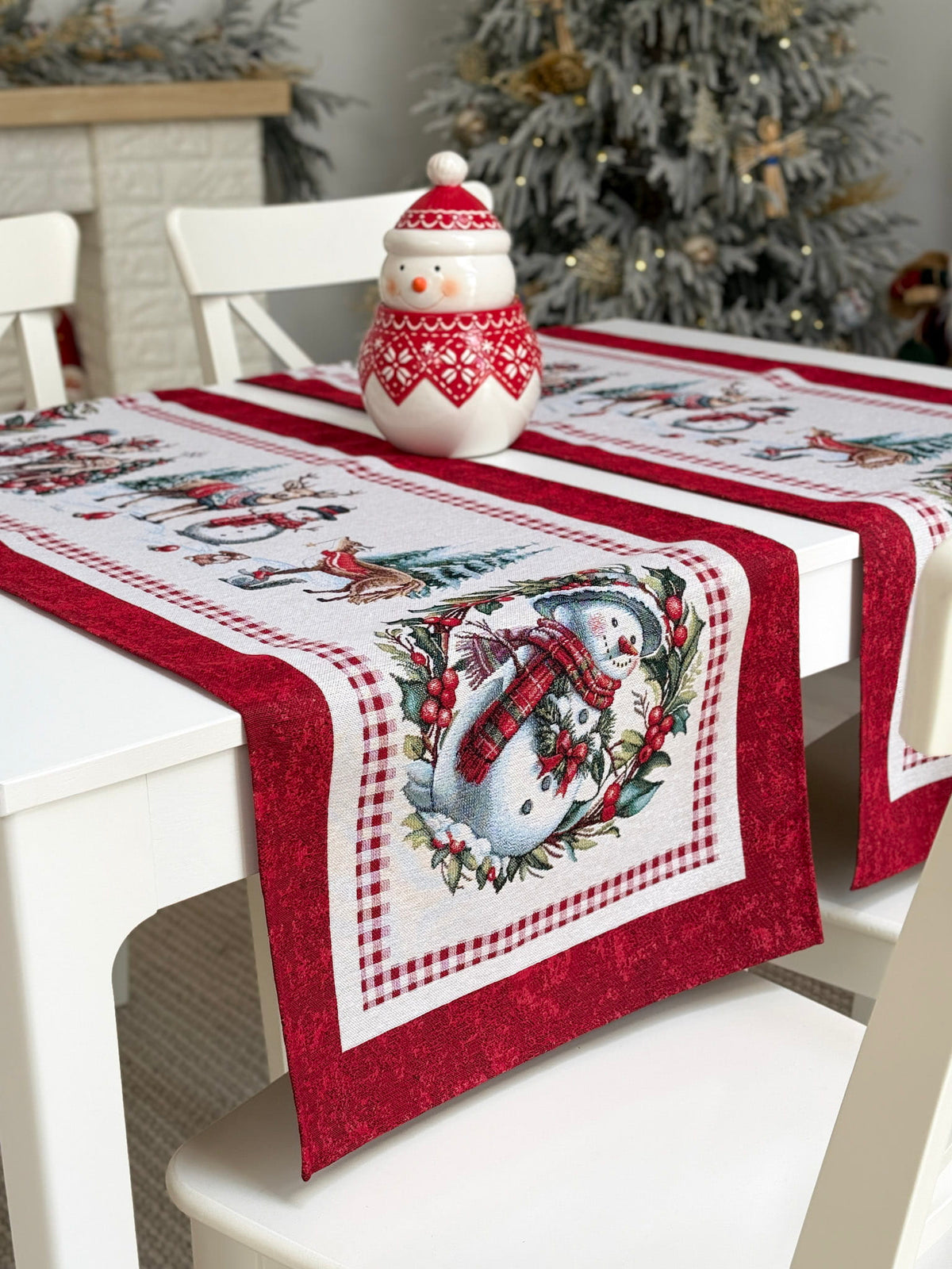 Winter Holiday Table Runner «Snowman Tales» with silver thread - High quality tapestry