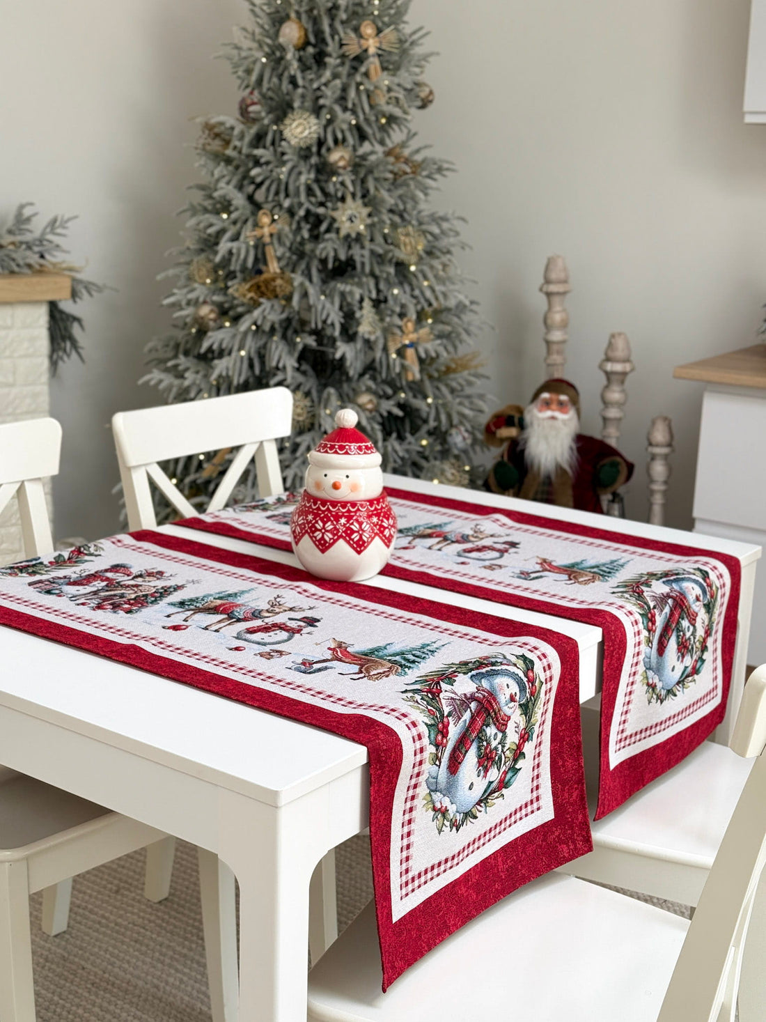 Winter Holiday Table Runner «Snowman Tales» with silver thread - High quality tapestry
