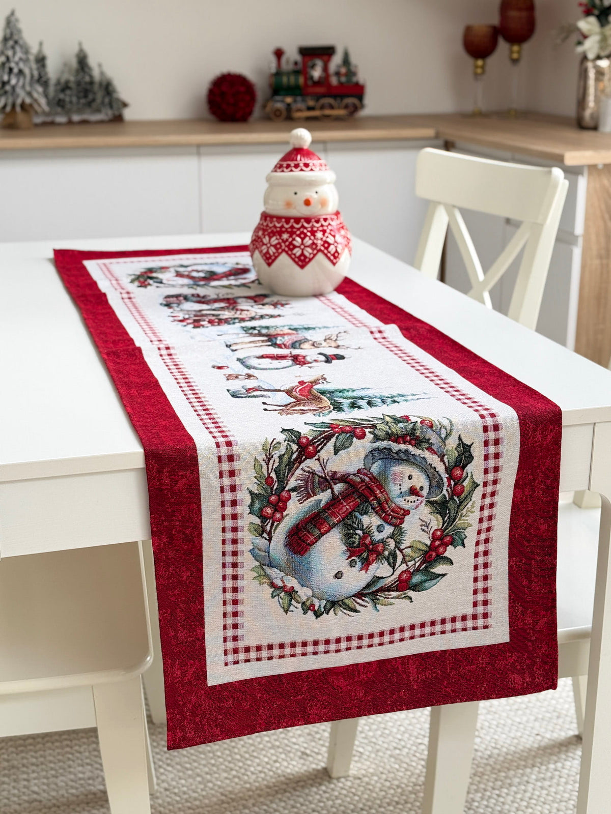 Winter Holiday Table Runner «Snowman Tales» with silver thread - High quality tapestry