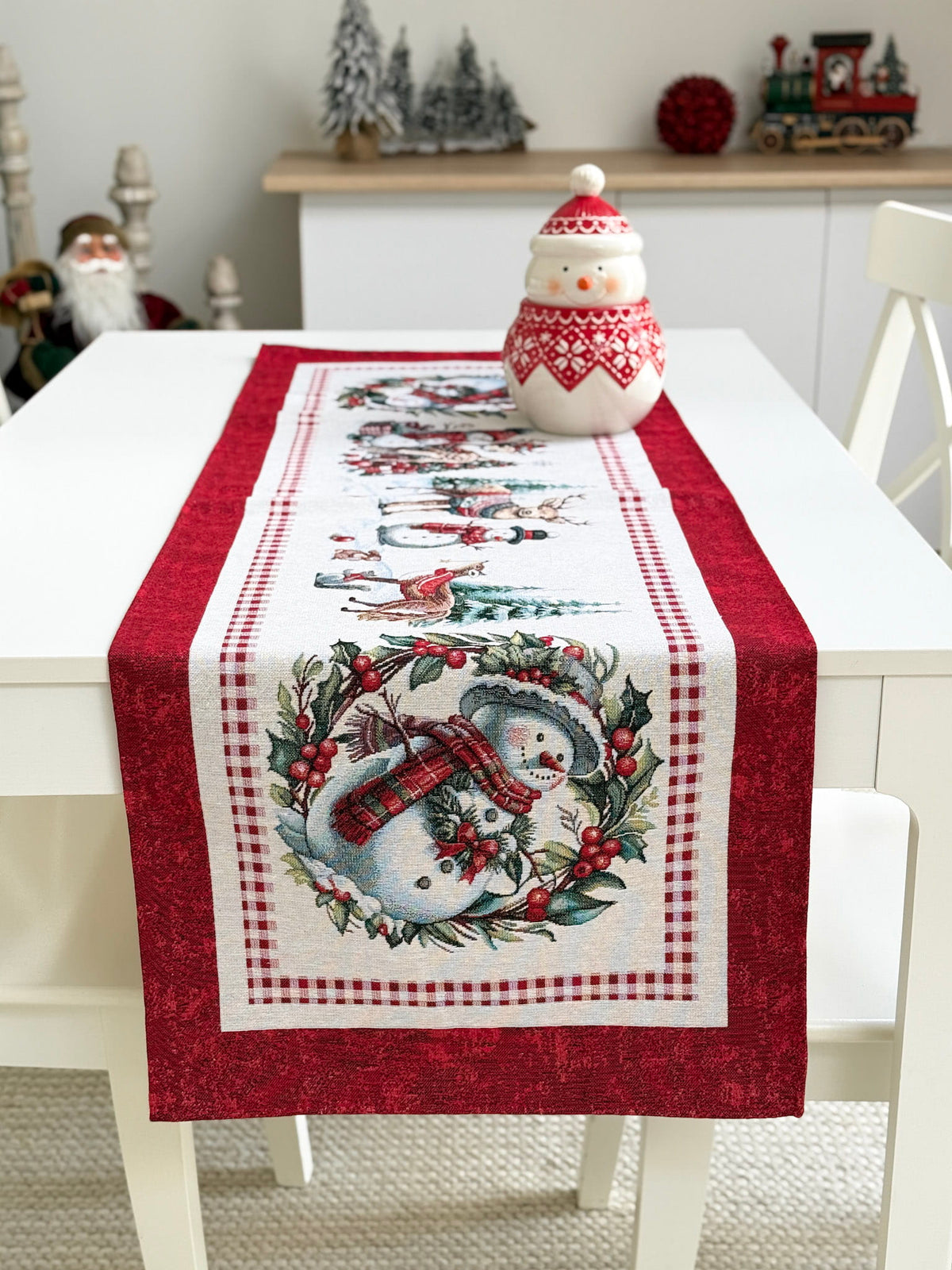 Winter Holiday Table Runner «Snowman Tales» with silver thread - High quality tapestry