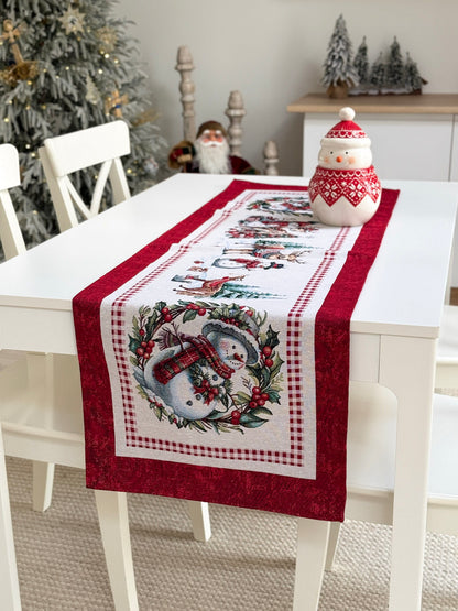 Winter Holiday Table Runner «Snowman Tales» with silver thread - High quality tapestry