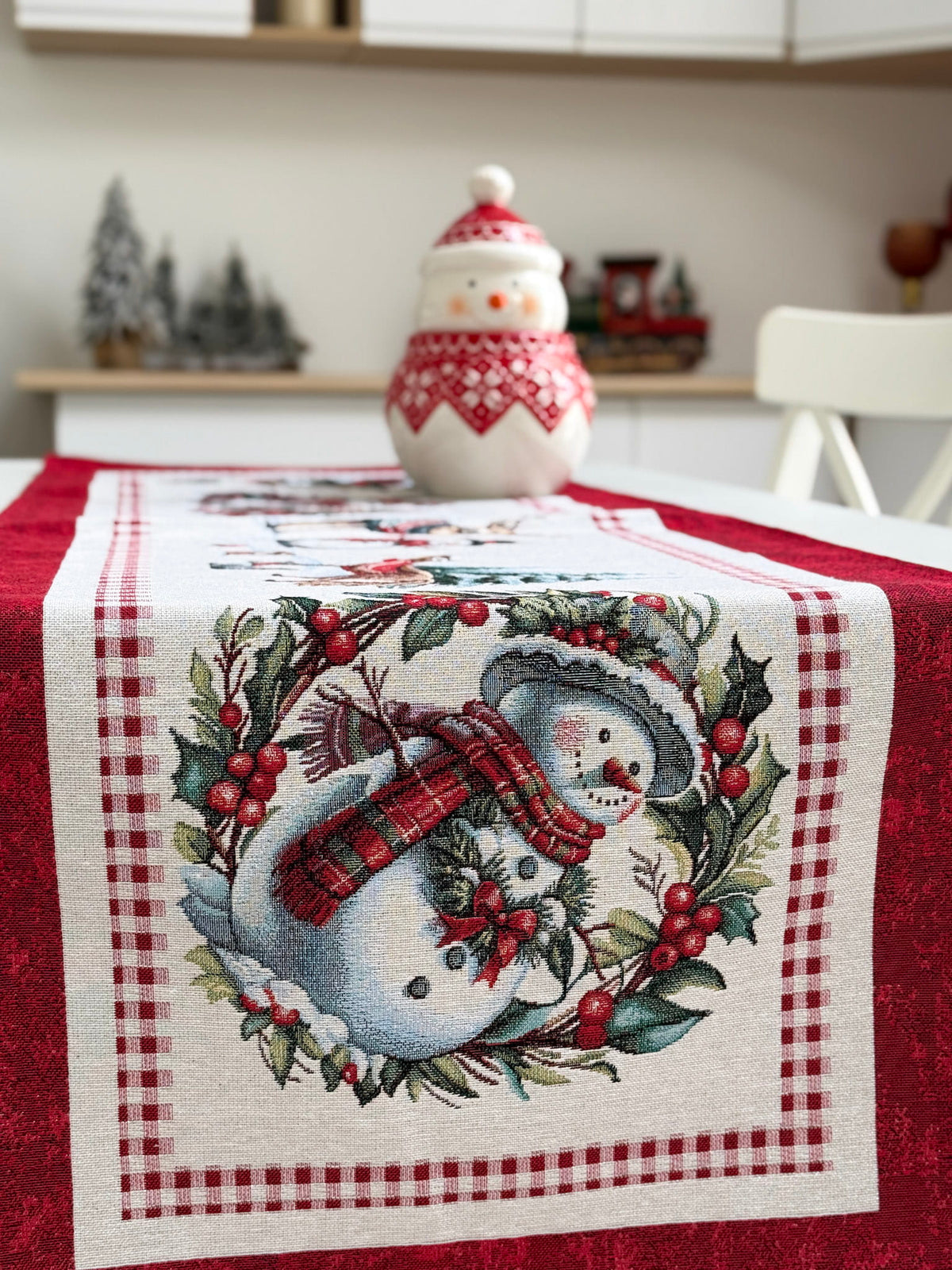 Winter Holiday Table Runner «Snowman Tales» with silver thread - High quality tapestry