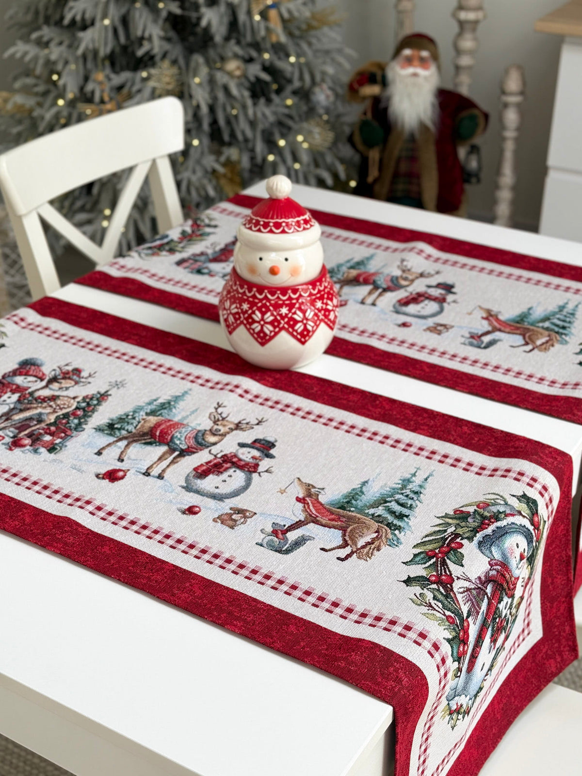 Winter Holiday Table Runner «Snowman Tales» with silver thread - High quality tapestry