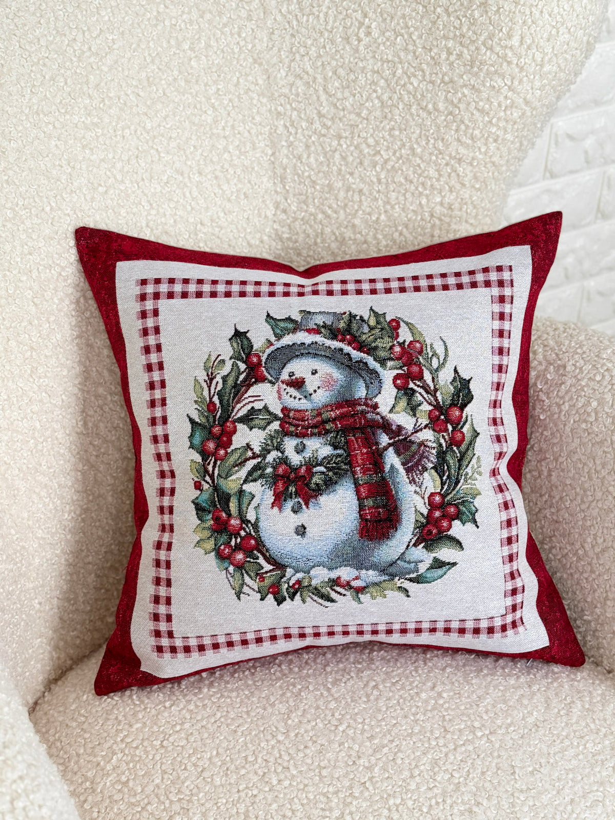 Winter Holiday Pillow cover «Snowman Tales» with silver thread - High quality tapestry