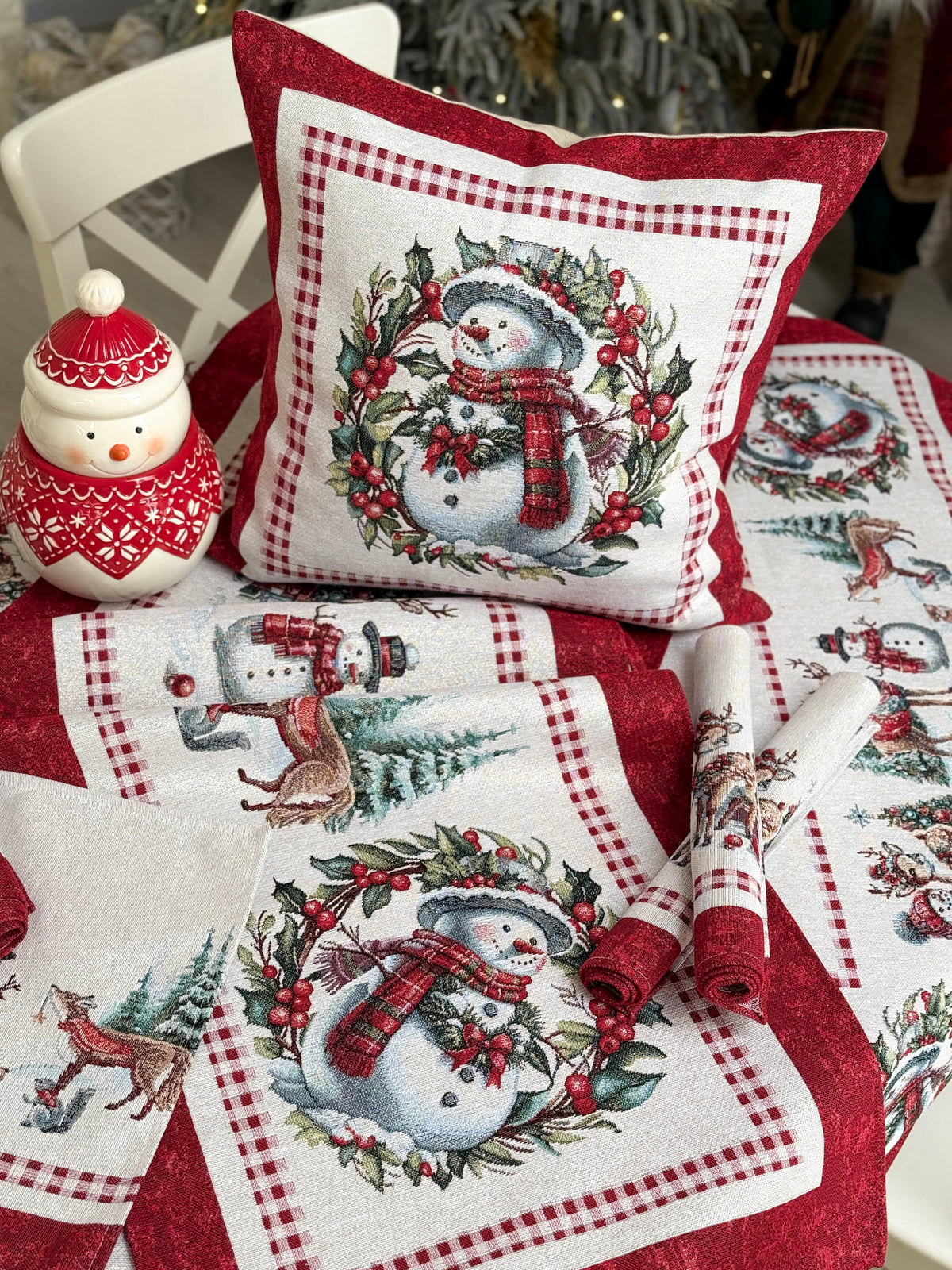 Winter Holiday Table Runner «Snowman Tales» with silver thread - High quality tapestry