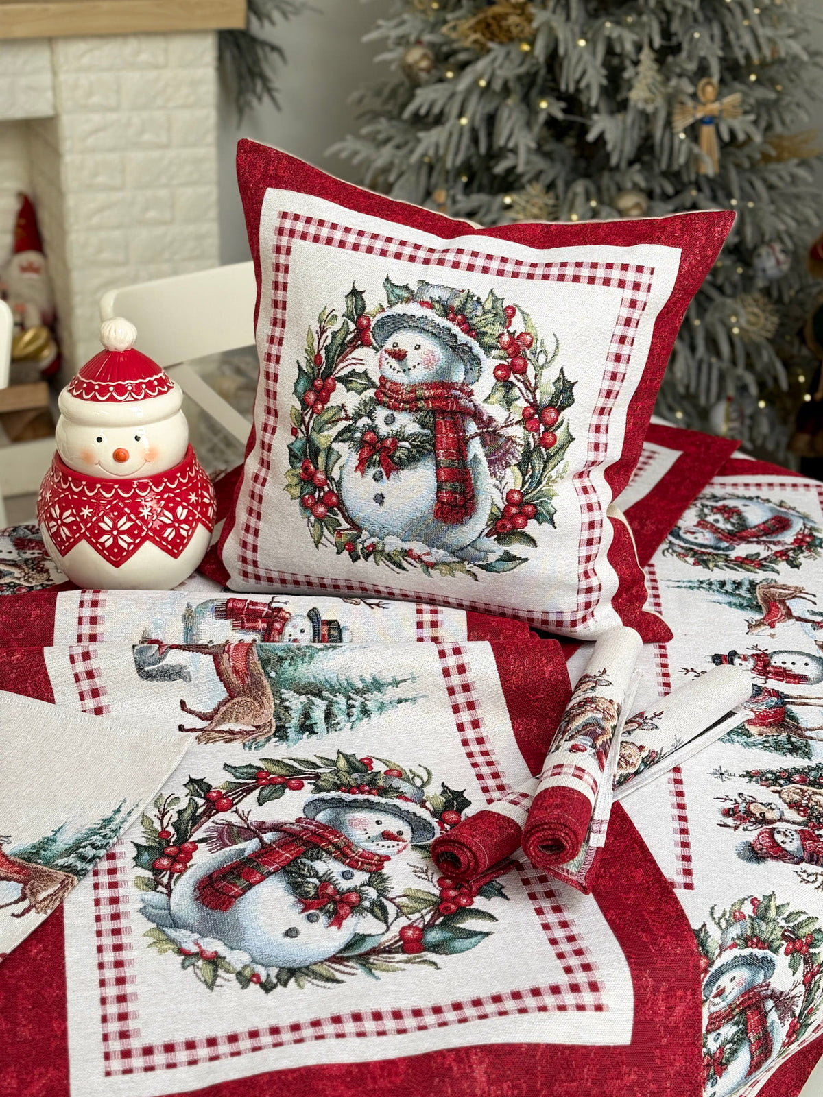 Winter Holiday Table Runner «Snowman Tales» with silver thread - High quality tapestry