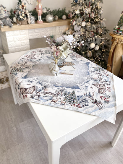 Christmas Tablecloth «Snowy Cabin Charm» with Microfibre - Premium Gobelin