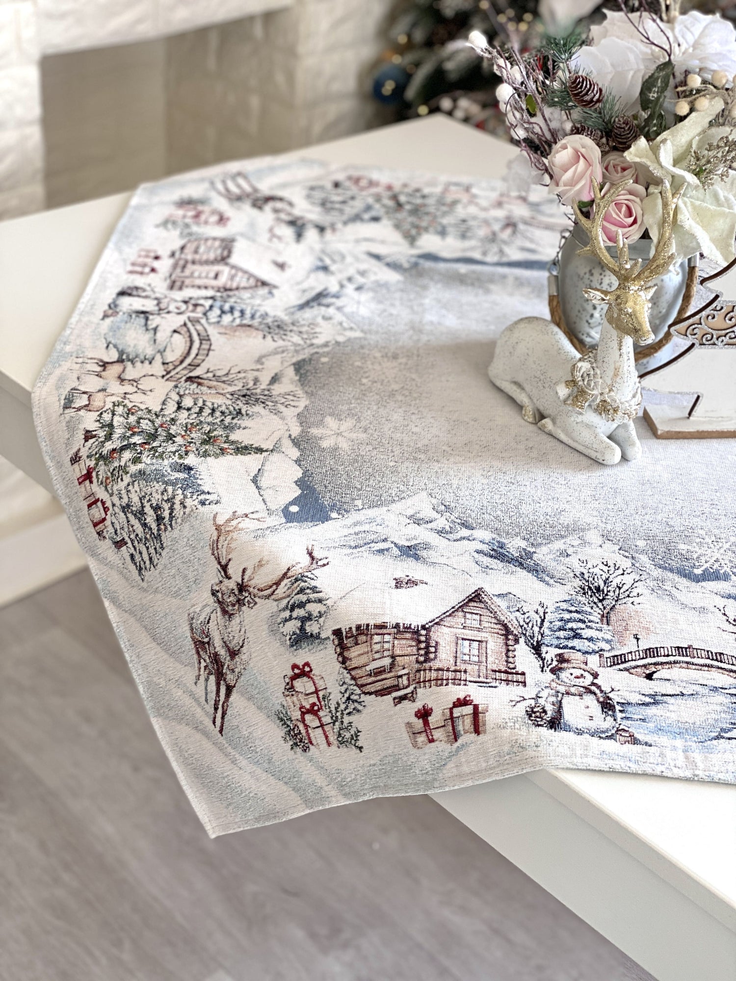 Christmas Tablecloth «Snowy Cabin Charm» with Microfibre - Premium Gobelin - Textile4Family
