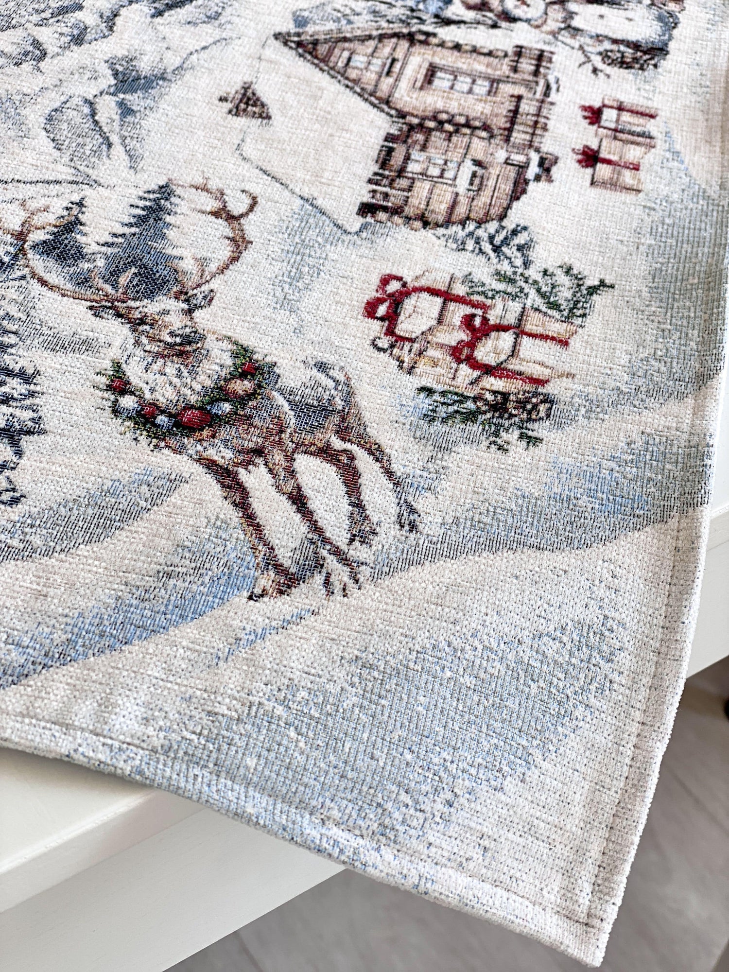 Christmas Tablecloth «Snowy Cabin Charm» with Microfibre - Premium Gobelin - Textile4Family