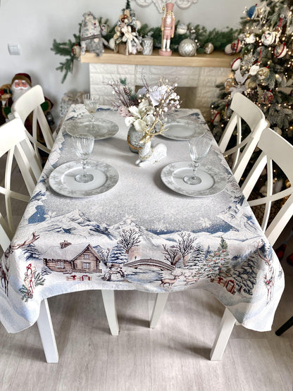 Christmas Tablecloth «Snowy Cabin Charm» with Microfibre - Premium Gobelin