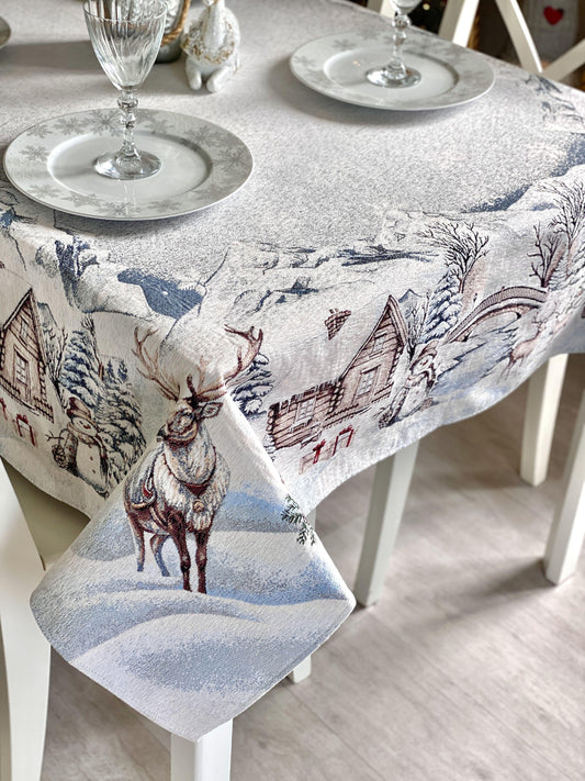 Christmas Tablecloth «Snowy Cabin Charm» with Microfibre - Premium Gobelin