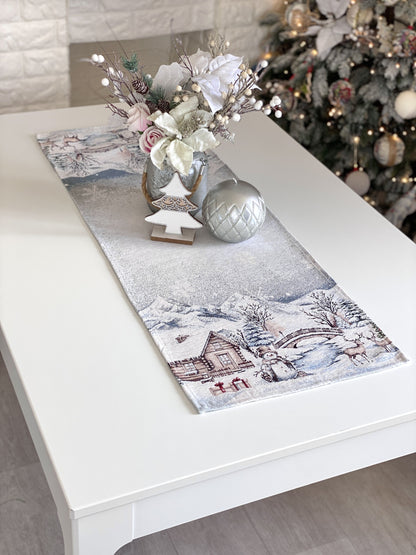 Christmas Table Runner  «Snowy Cabin Charm» with Microfibre - Premium Gobelin