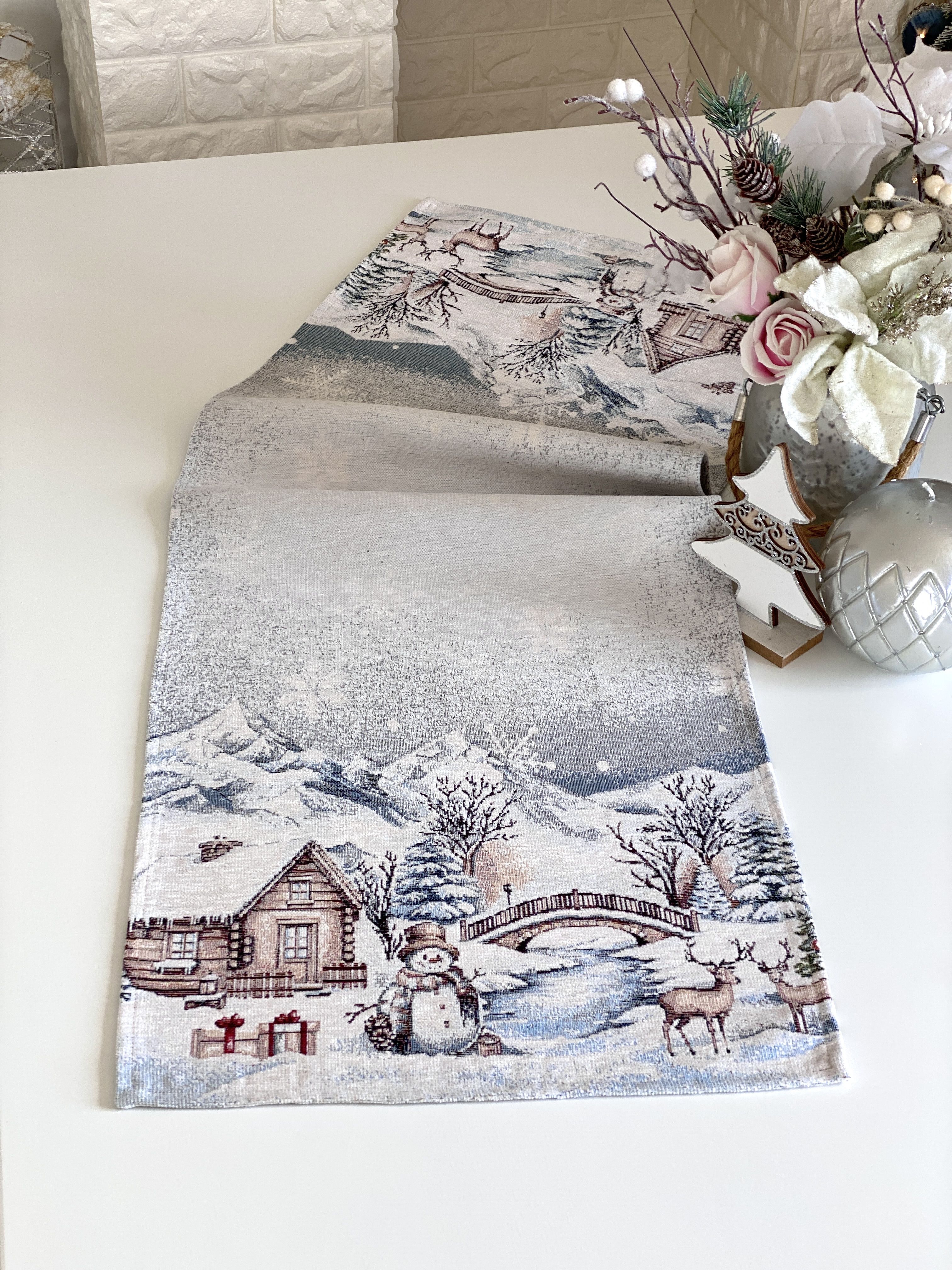 Christmas Table Runner  «Snowy Cabin Charm» with Microfibre - Premium Gobelin - Textile4Family