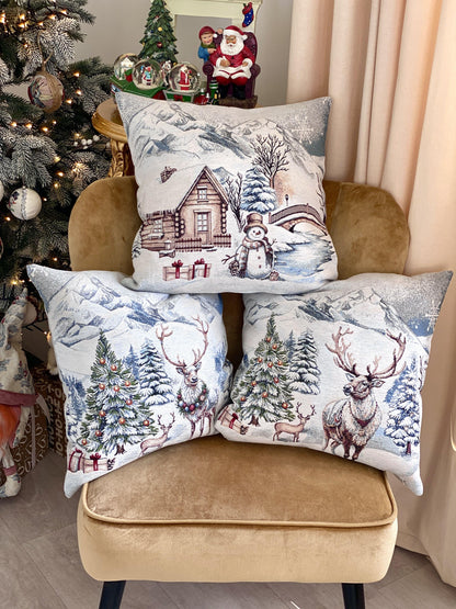 Christmas Pillow cover  «Snowy Cabin Charm» with Microfibre - Premium Gobelin