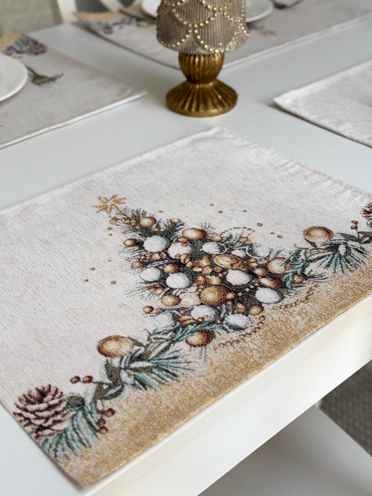 Christmas Placemat set «Golden Winter» with Microfibre &amp; golden thread - Premium Tapestry