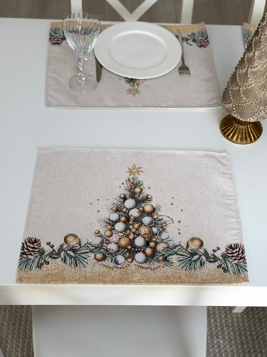 Christmas Placemat set «Golden Winter» with Microfibre &amp; golden thread - Premium Tapestry