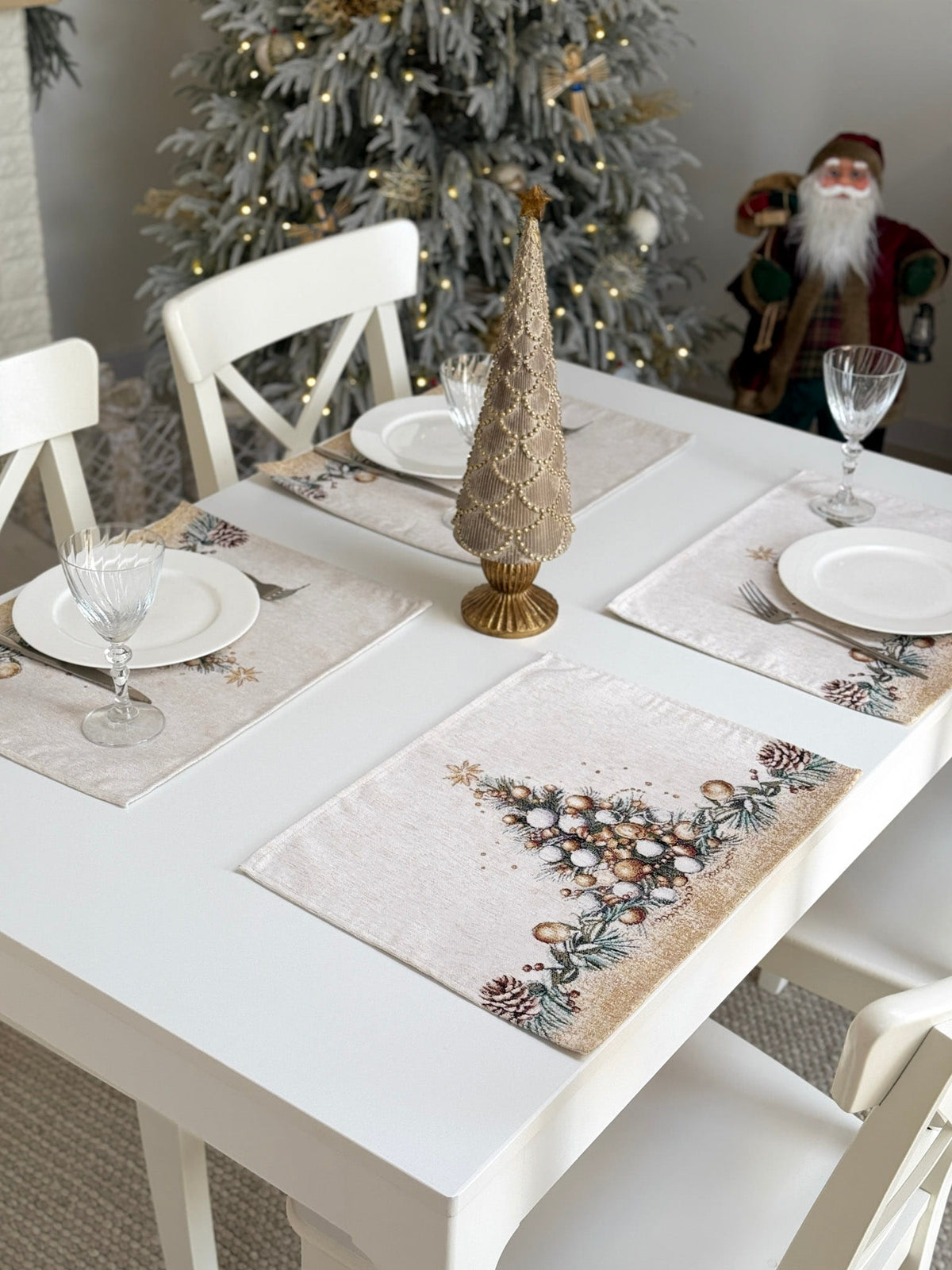 Christmas Placemat set «Golden Winter» with Microfibre &amp; golden thread - Premium Tapestry