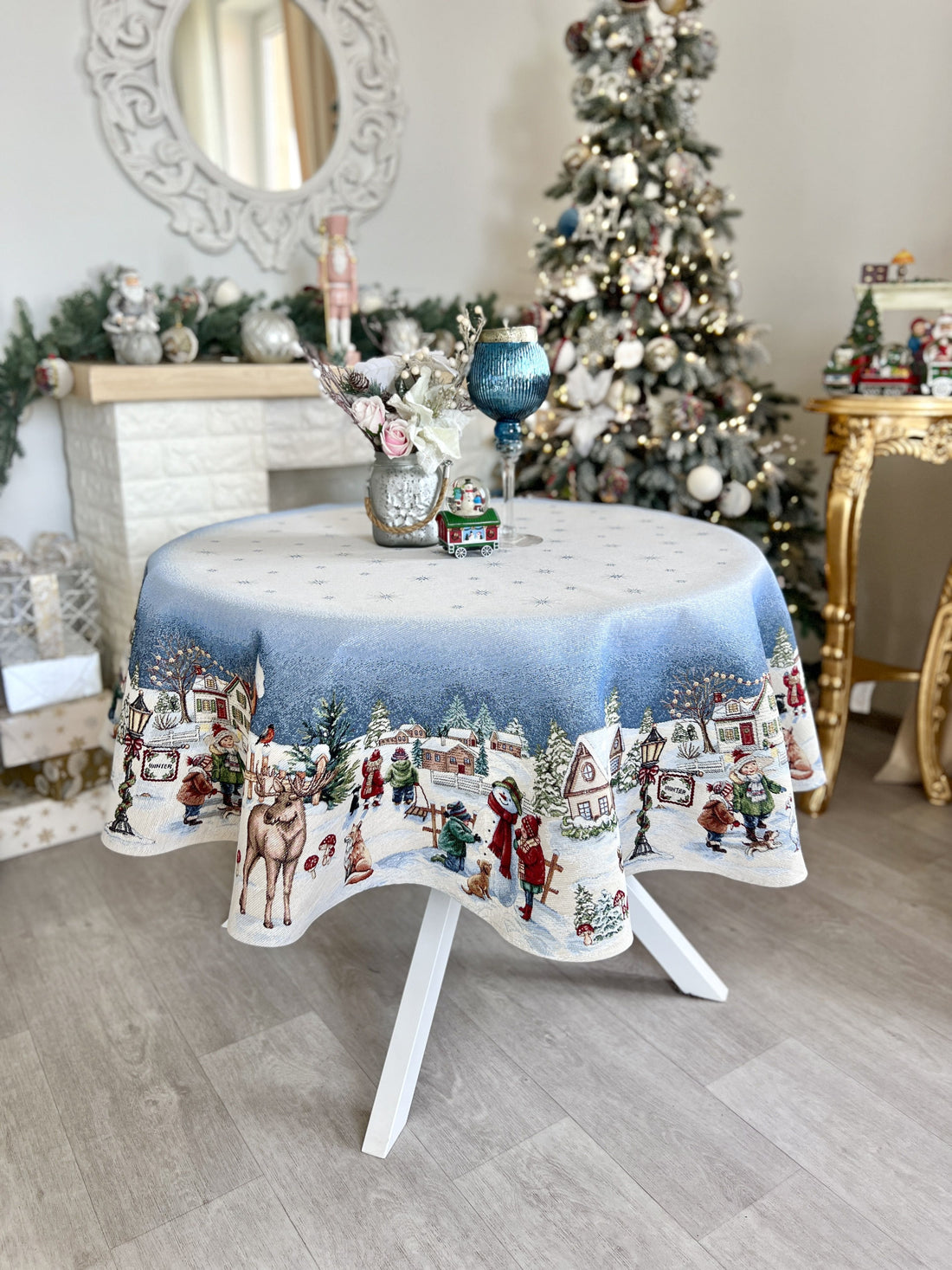 Christmas Round Tablecloth «Magic of Christmas» with Silver Lurex - Premium Gobelin - Textile4Family