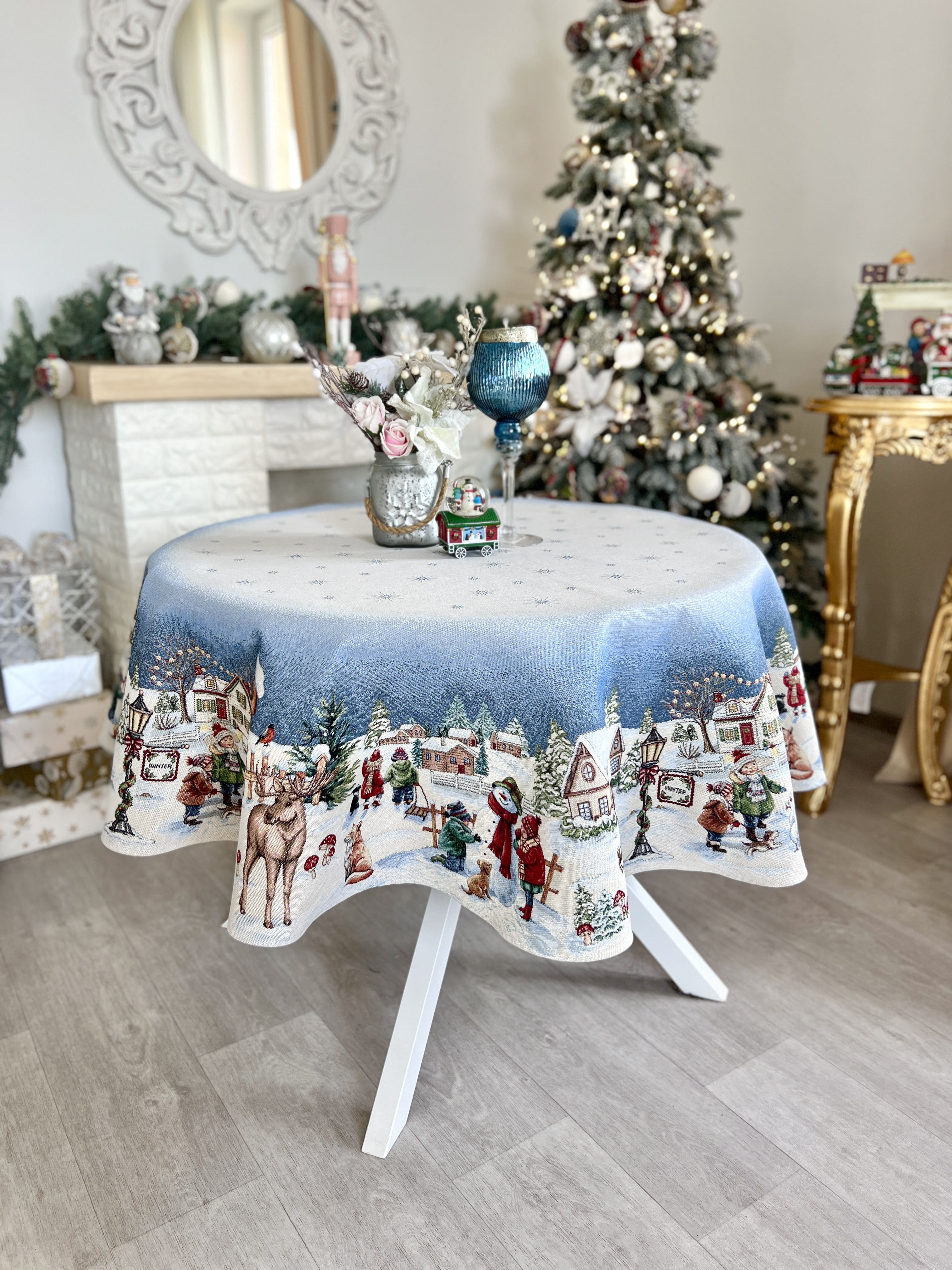 Christmas Round Tablecloth «Magic of Christmas» with Silver Lurex - Premium Gobelin - Textile4Family