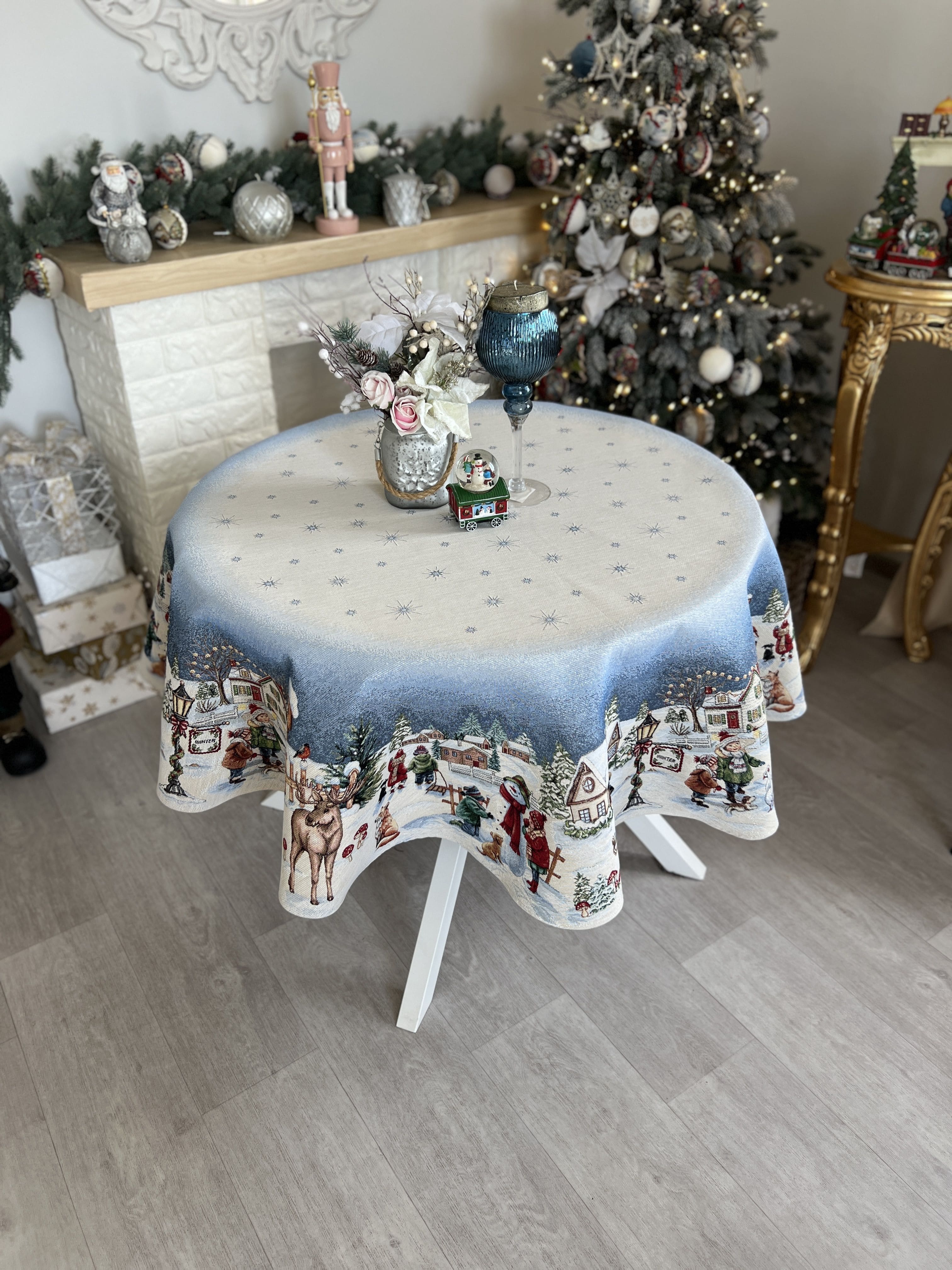 Christmas Round Tablecloth «Magic of Christmas» with Silver Lurex - Premium Gobelin - Textile4Family