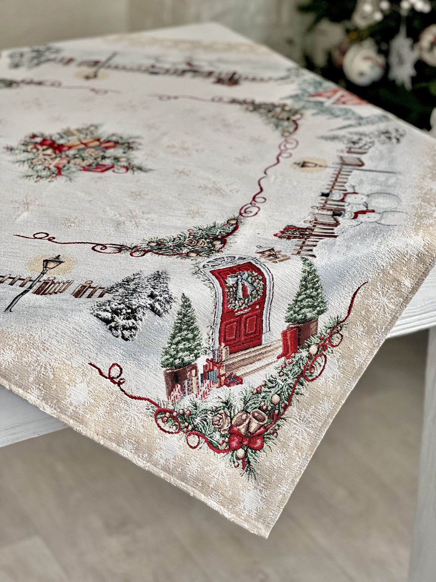 Christmas tapestry tablecloth «HOME» With microfibre & silver lurex