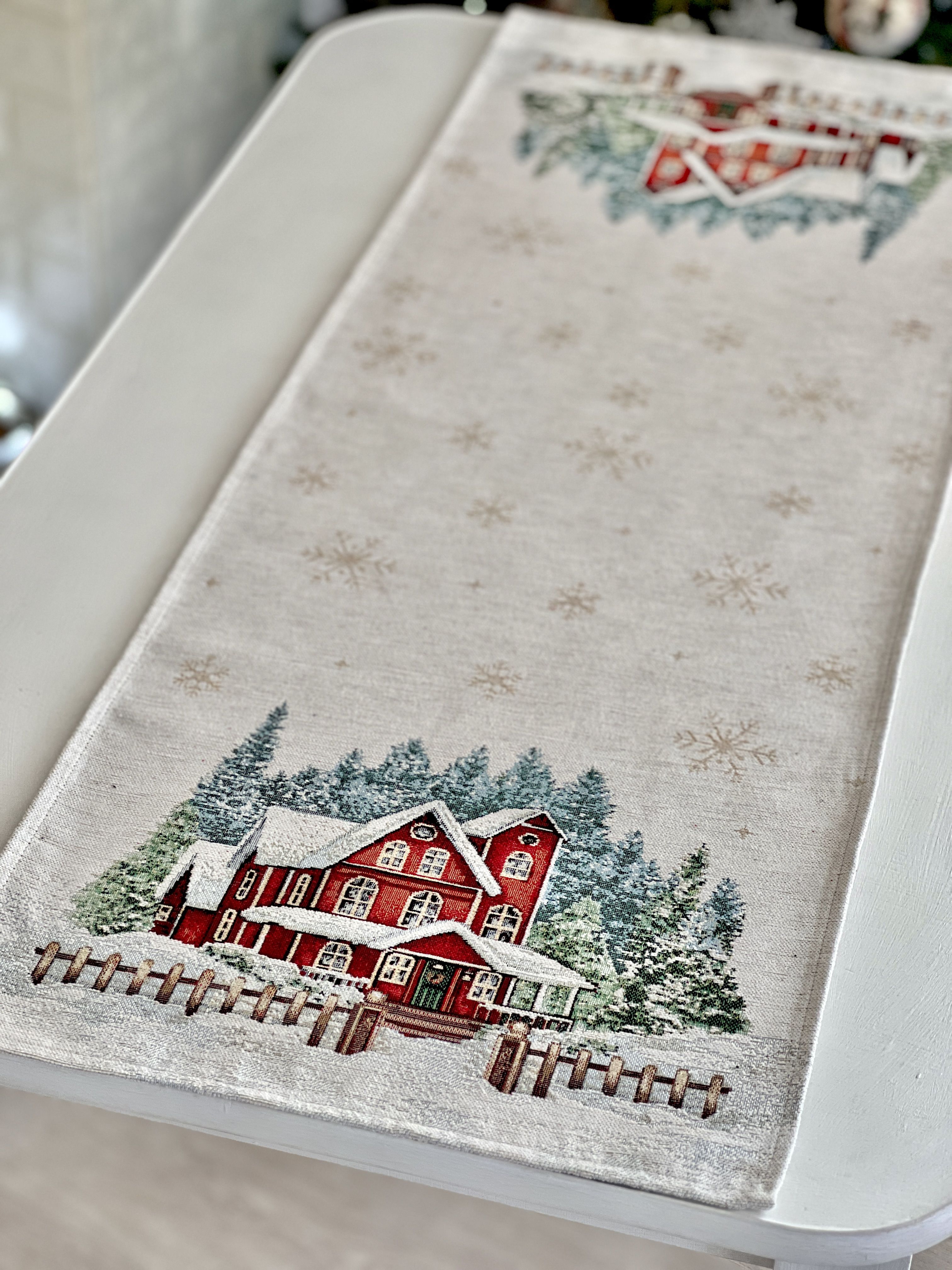 Christmas Tapestry Table runner «HOME» With microfibre &amp; silver lurex Limaso Textile