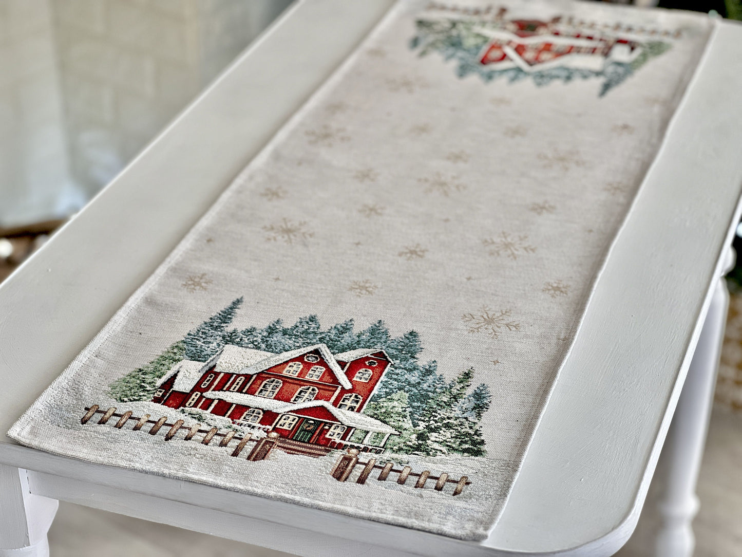 Christmas Tapestry Table runner «HOME» With microfibre & silver lurex