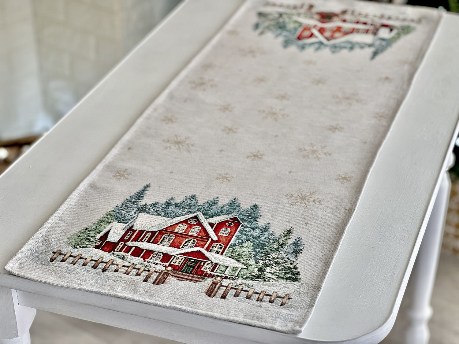 Christmas Tapestry Table runner «HOME» With microfibre &amp; silver lurex Limaso Textile