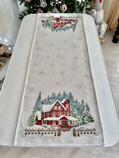 Christmas Tapestry Table runner «HOME» With microfibre & silver lurex