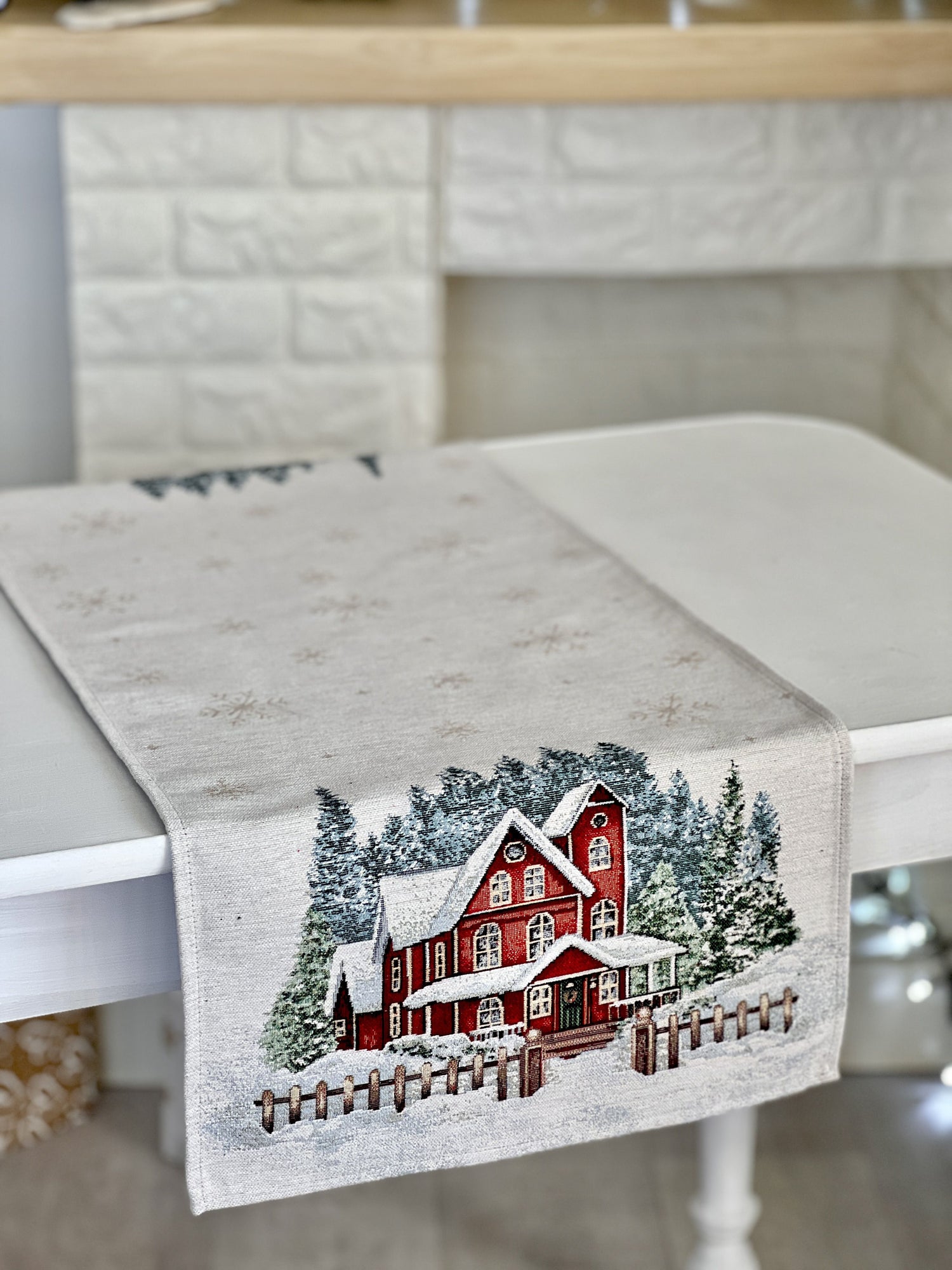 Christmas Tapestry Table runner «HOME» With microfibre &amp; silver lurex Limaso Textile