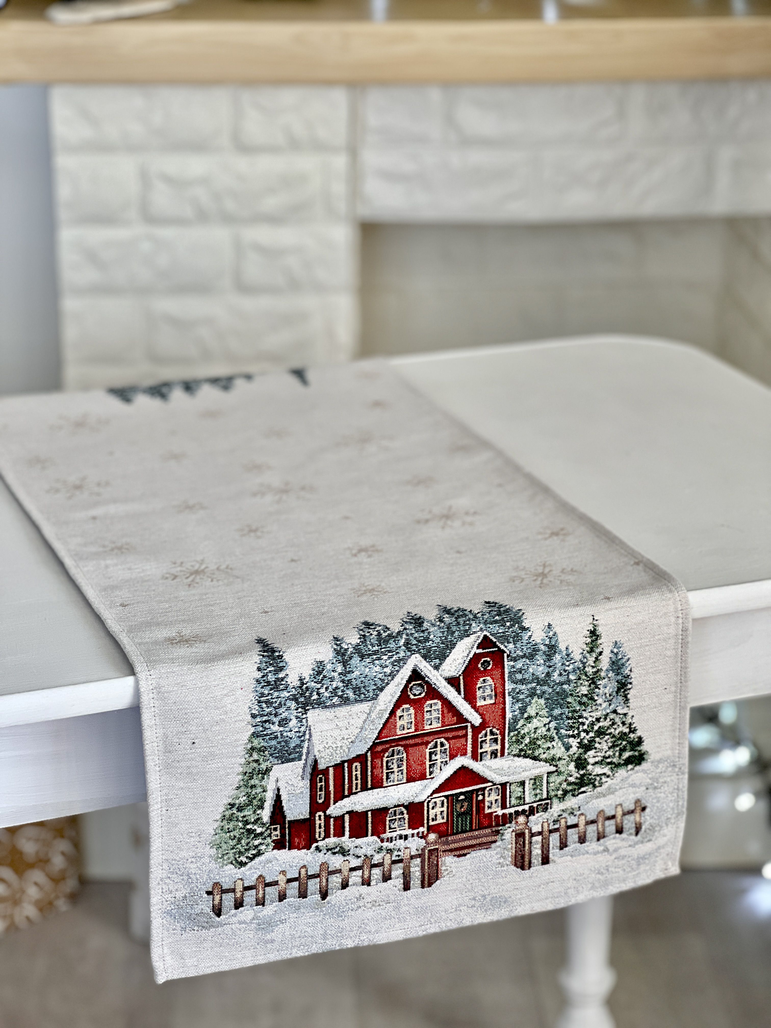 Christmas Tapestry Table runner «HOME» With microfibre &amp; silver lurex Limaso Textile