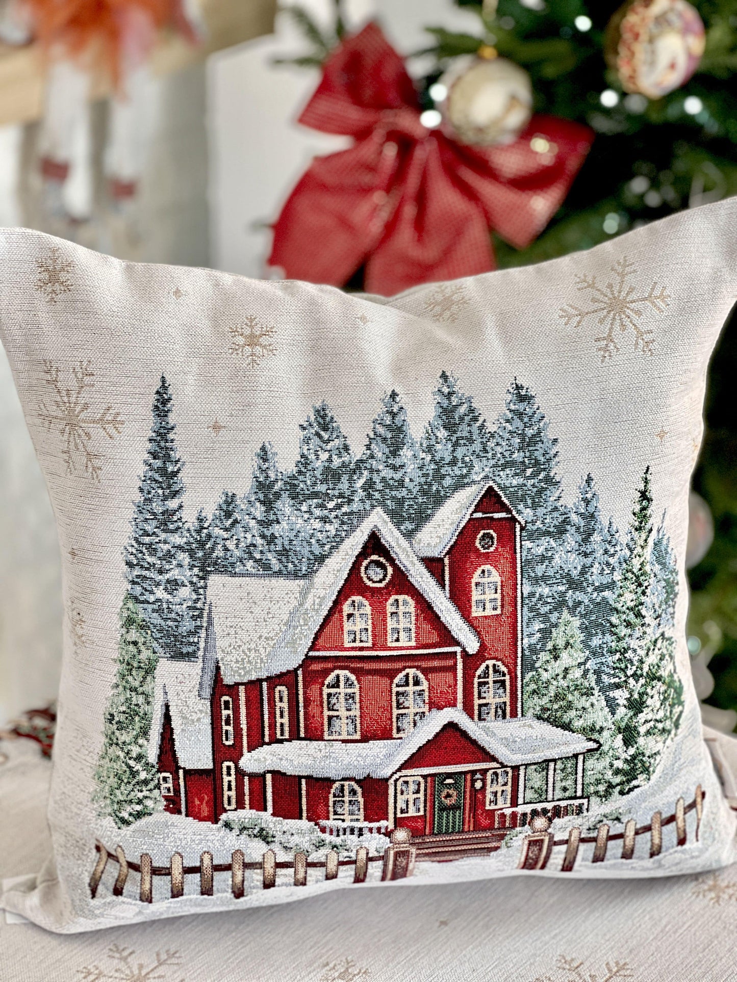 Christmas tapestry cushion cover «HOME» With microfibre & silver lurex