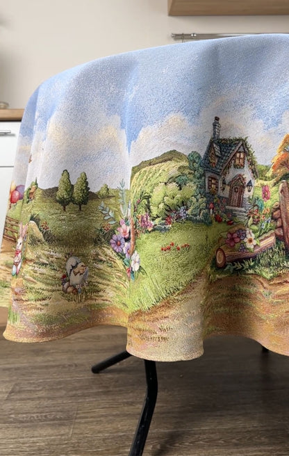 Easter Round Tablecloth «Bunny countryside» - Luxury Tapestry - Textile4Family