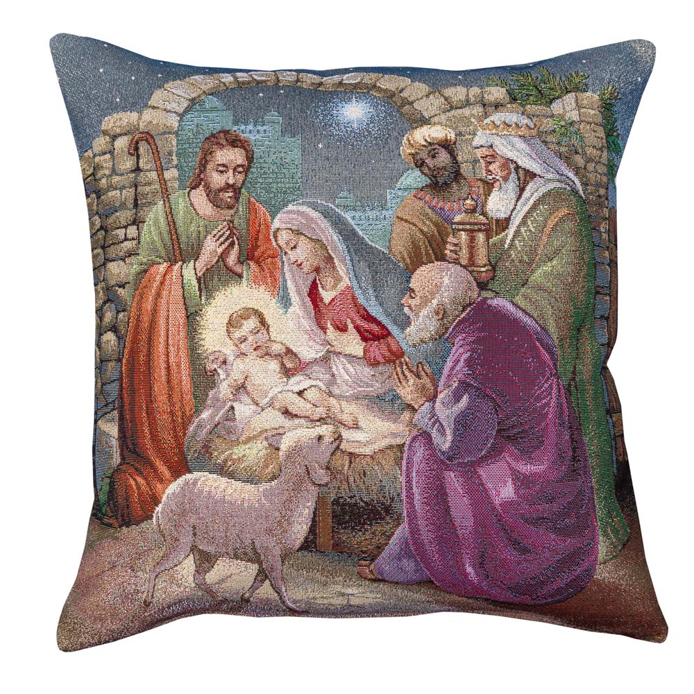 Winter Holiday tapestry cushion cover «Nativity scene» with golden thread