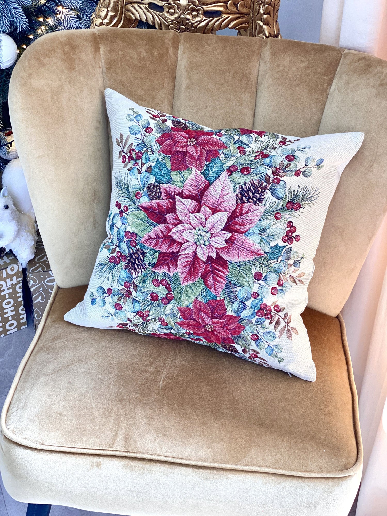 Christmas Cushion cover «Holly &amp; Ivy Charm» with Silver Lurex - Luxury Tapestry - Textile4Family