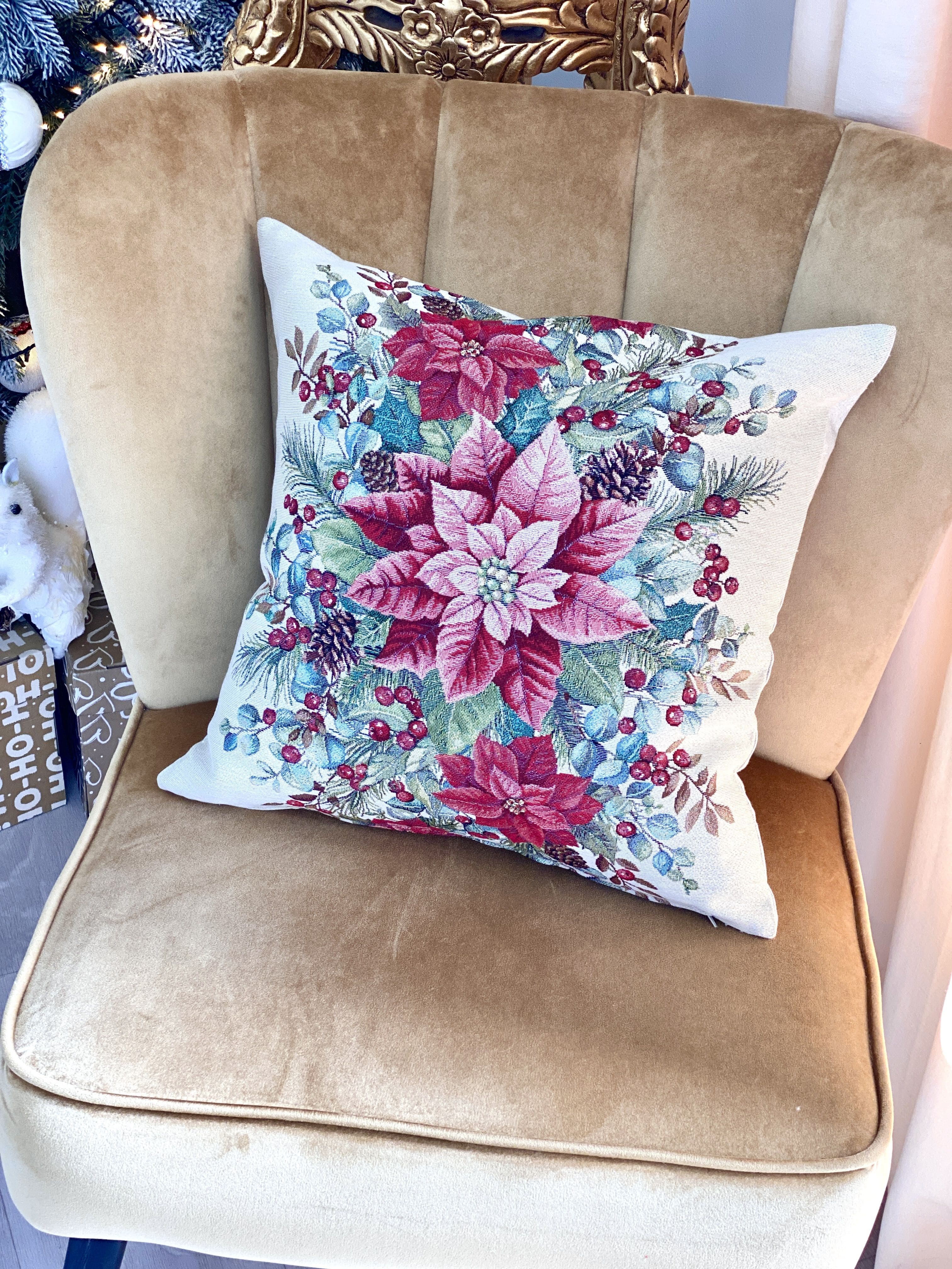 Christmas Cushion cover «Holly &amp; Ivy Charm» with Silver Lurex - Luxury Tapestry - Textile4Family