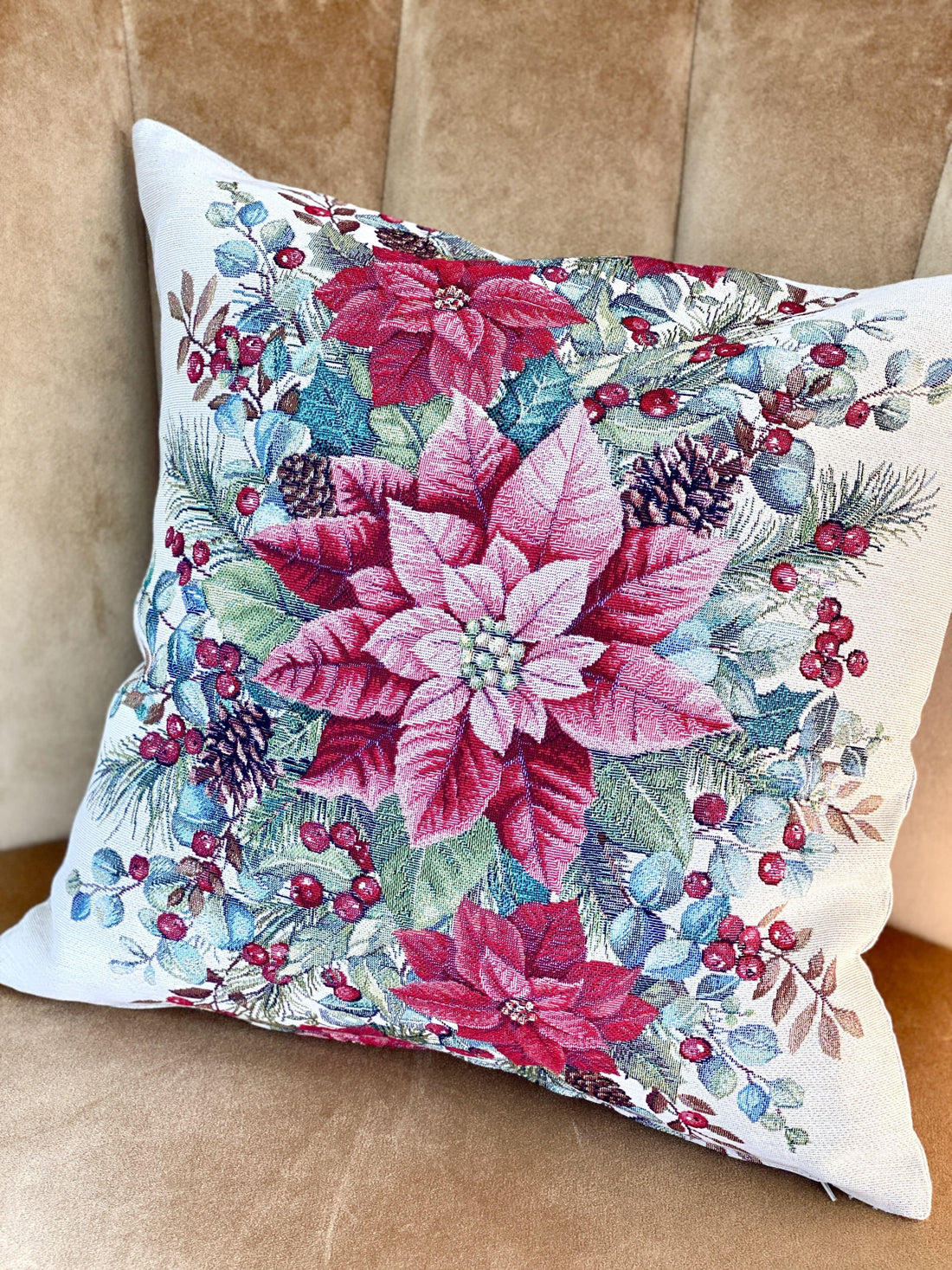 Christmas Cushion cover «Holly &amp; Ivy Charm» with Silver Lurex - Luxury Tapestry - Textile4Family