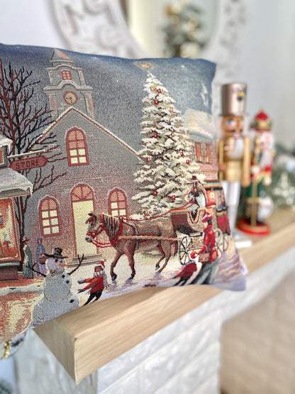 Christmas tapestry cushion cover «Holiday city» with silver thread