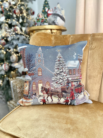 Christmas tapestry cushion cover «Holiday city» with silver thread