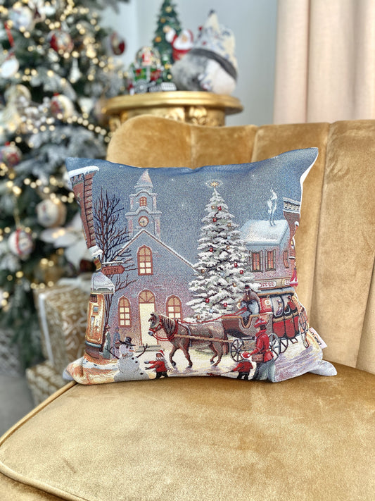 Christmas tapestry cushion cover «Holiday city» with silver thread