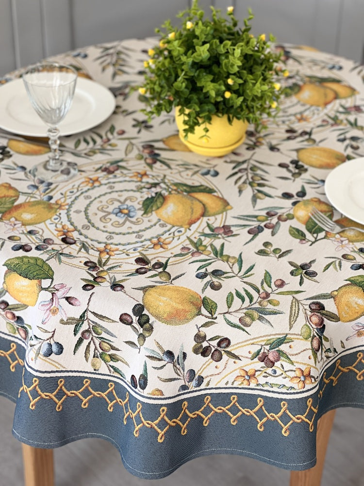 Round Tapestry Tablecloth «Lemons and Olives» Limaso Textile
