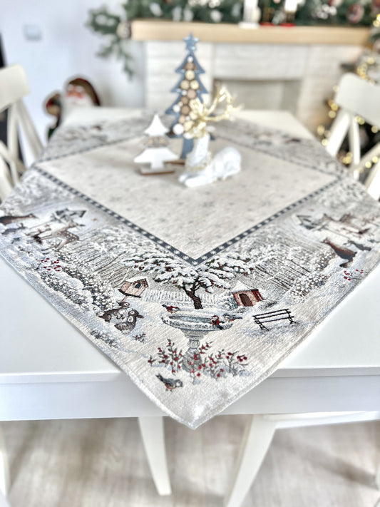 Christmas tapestry tablecloth «Snow village» With microfibre & silver lurex