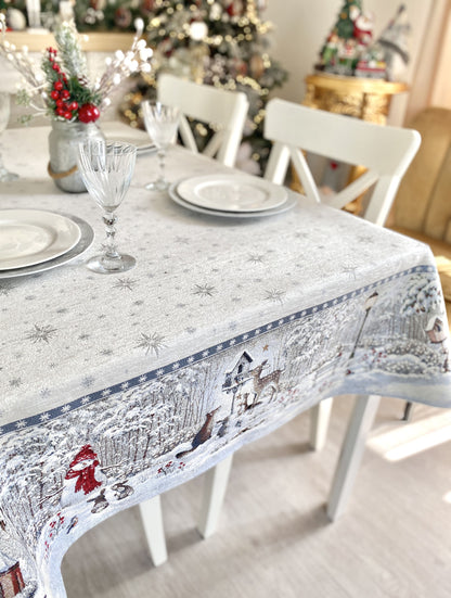 Christmas tapestry tablecloth «Snow village» With microfibre & silver lurex