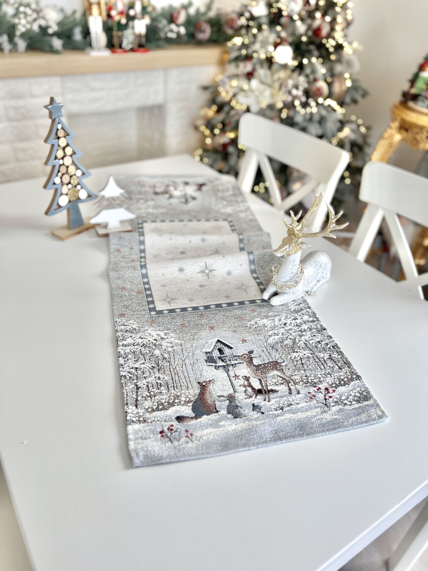 Christmas Tapestry Table runner «Snow village» With microfibre & silver lurex