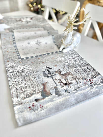 Christmas Tapestry Table runner «Snow village» With microfibre & silver lurex