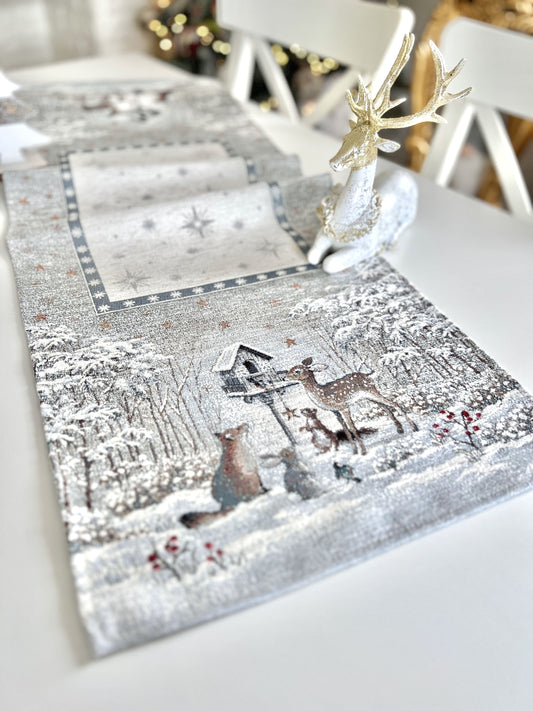 Christmas Tapestry Table runner «Snow village» With microfibre & silver lurex