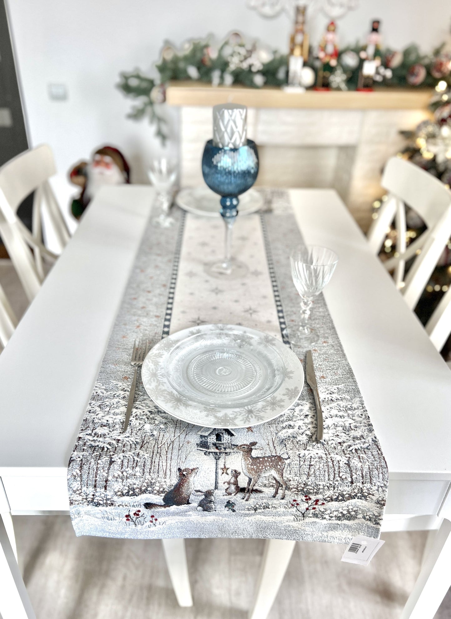 Christmas Tapestry Table runner «Snow village» With microfibre & silver lurex