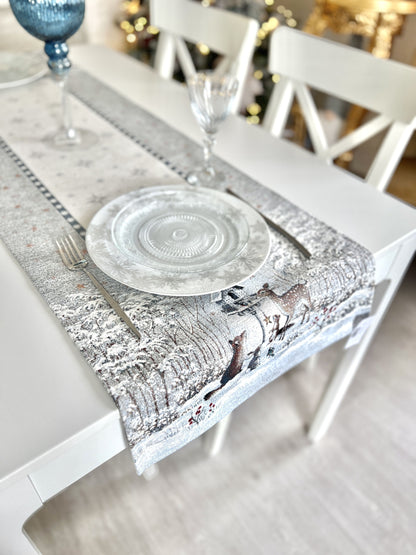 Christmas Tapestry Table runner «Snow village» With microfibre & silver lurex