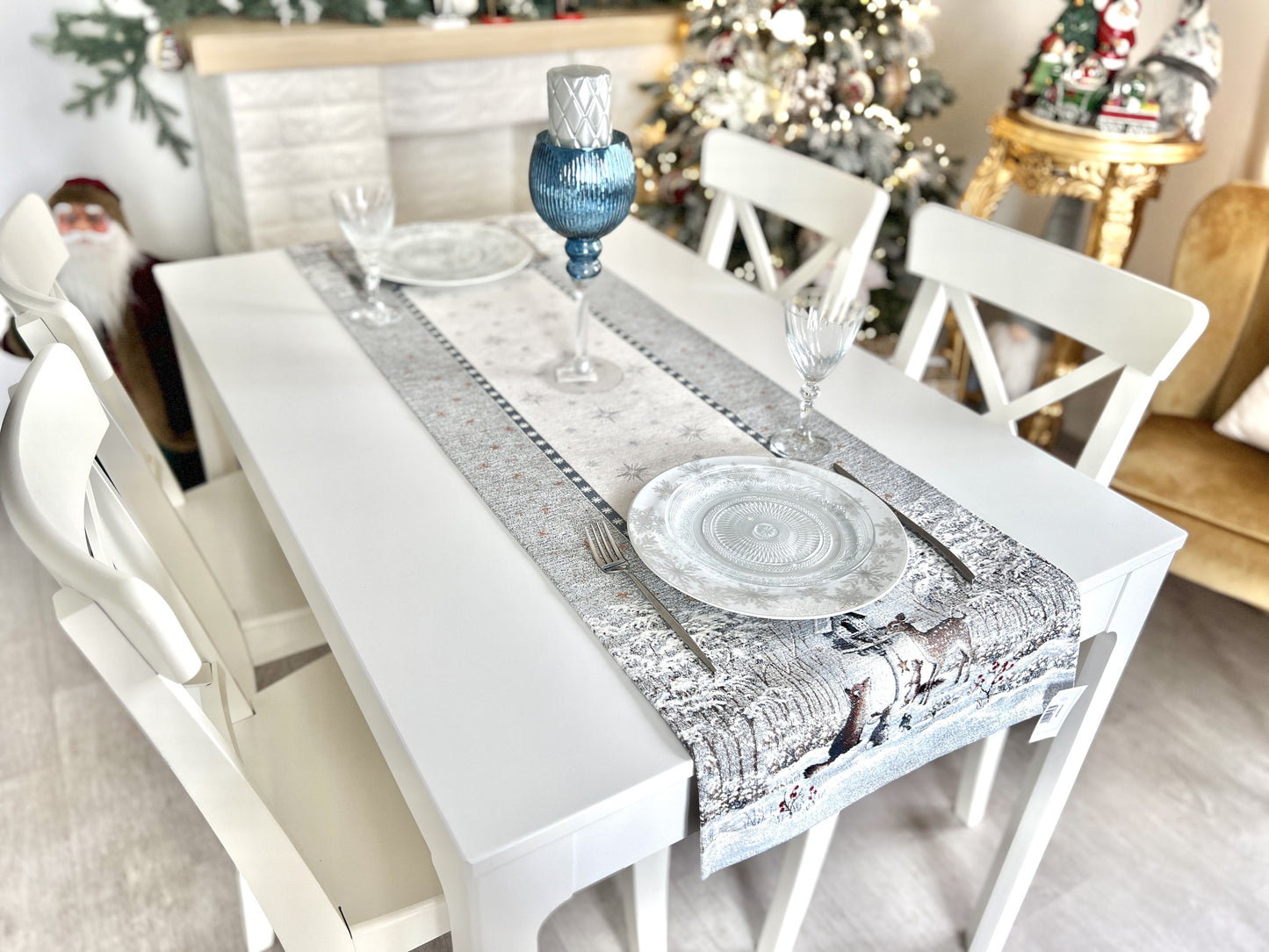 Christmas Tapestry Table runner «Snow village» With microfibre & silver lurex